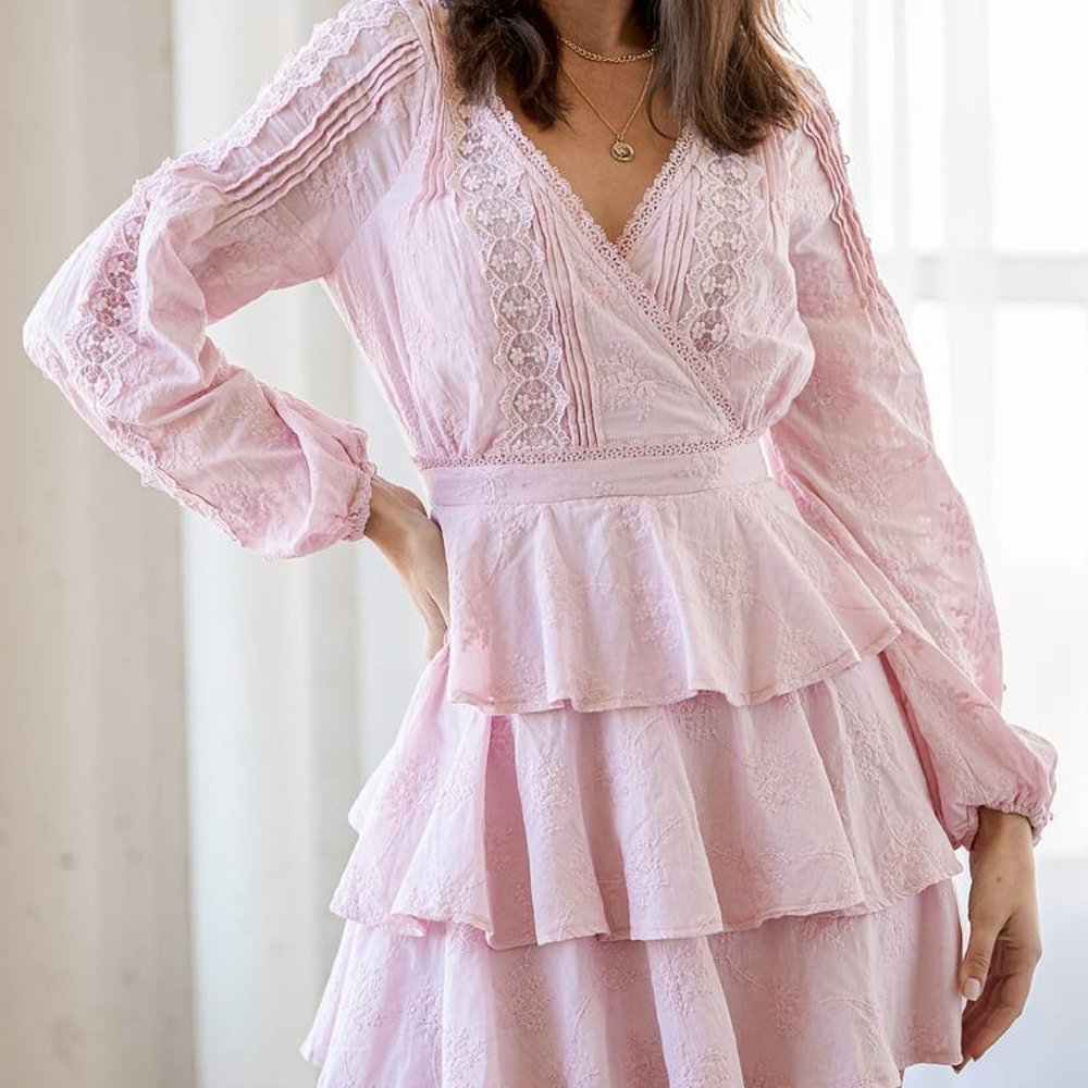 Lulu's Light Pink Lace Embroidered Tiered Mini